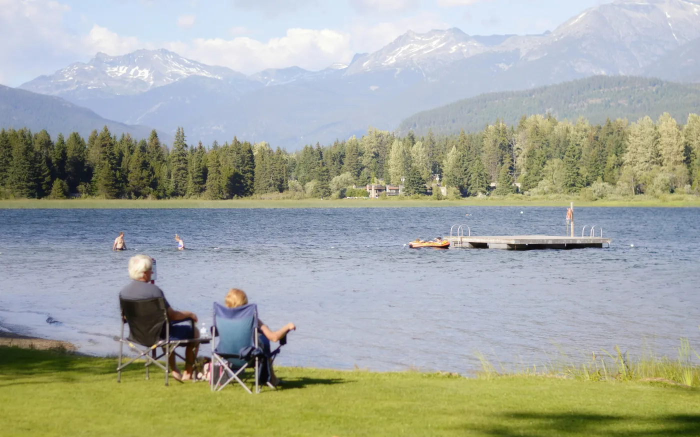 two persons sitting on grass facing the lake by Max Harlynking courtesy of Unsplash.